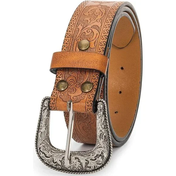 Women's Brown Adjustable Vintage Western Belts Engraved Buckle Cowgirl Belt - Picture 8 of 8